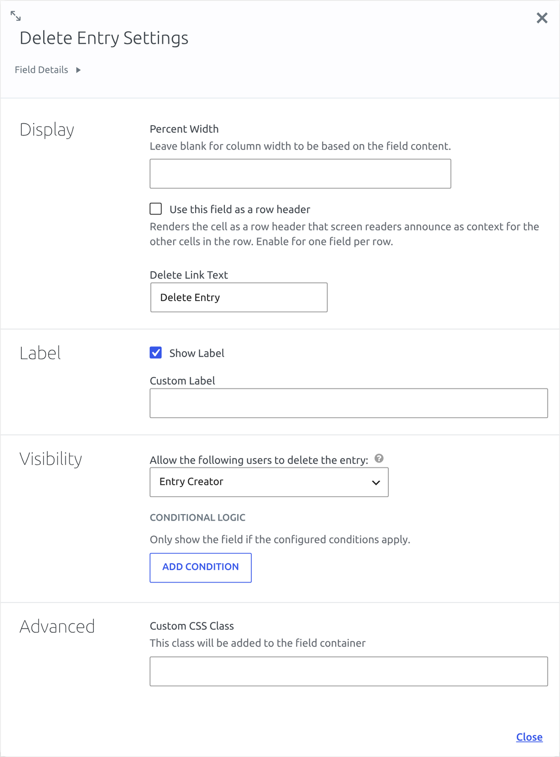 The Delete Entry Settings dialog with Delete Link Text, label, visibility and conditional logic settings