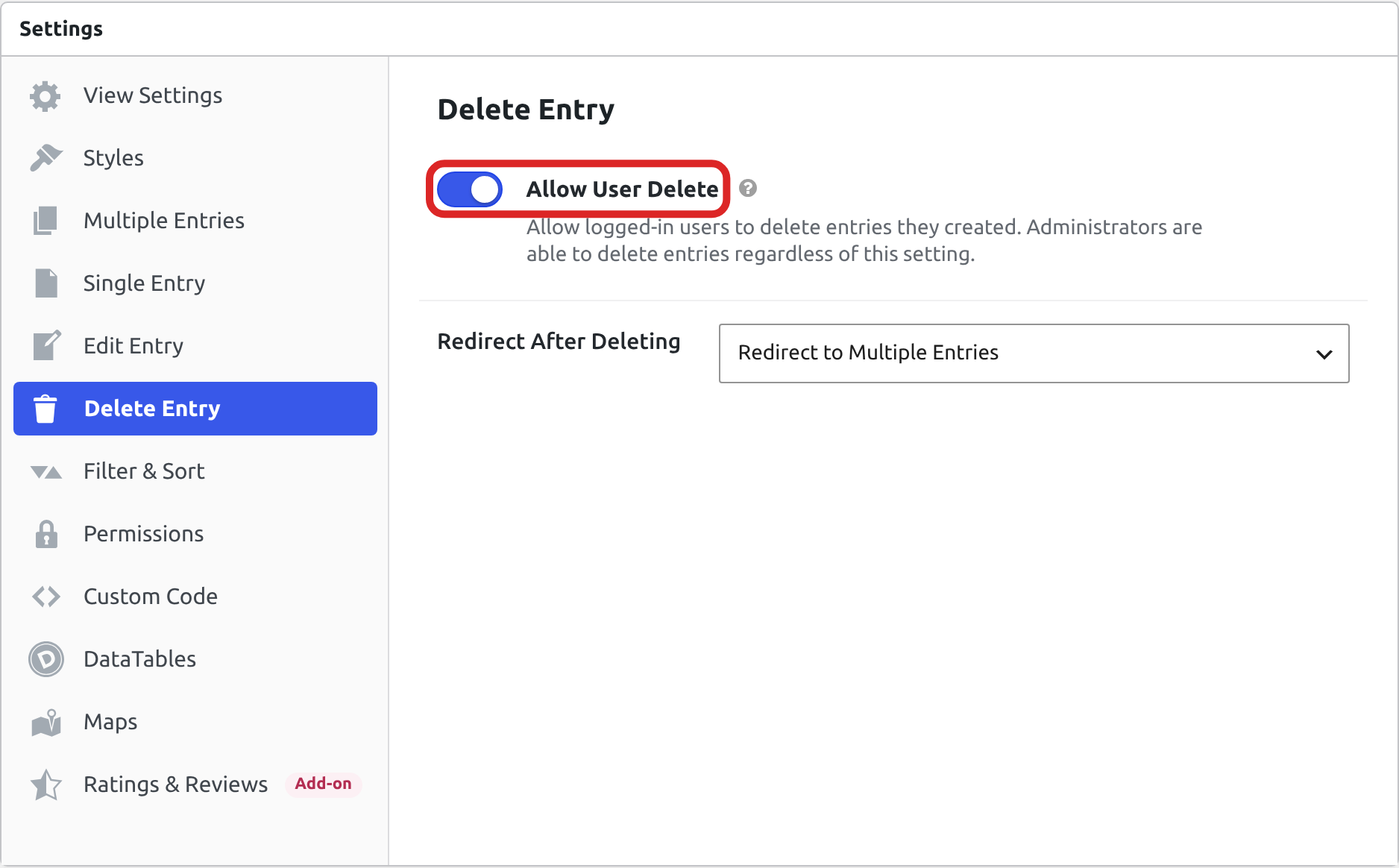 The Delete Entry tab of the View's Settings box, with the Allow User Delete toggle turned on