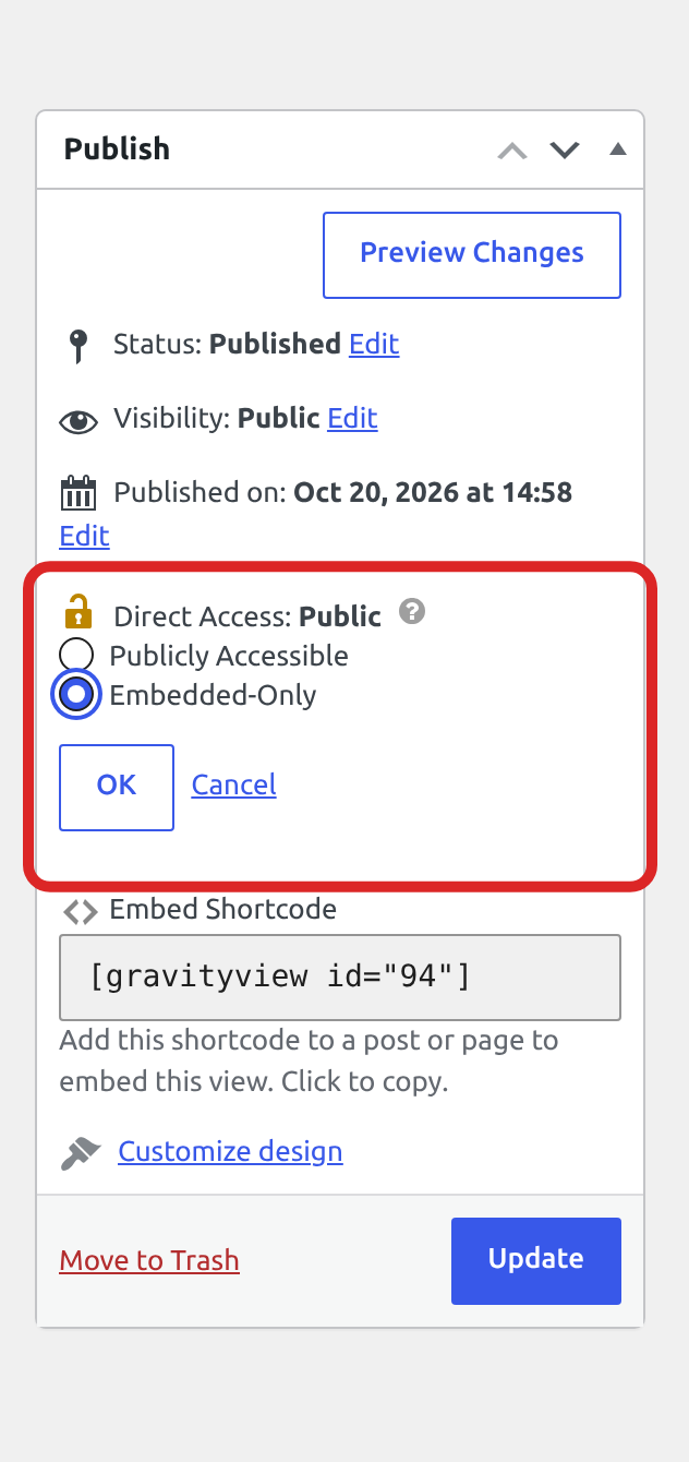 The Publish box with the Direct Access options open and Embedded-Only selected