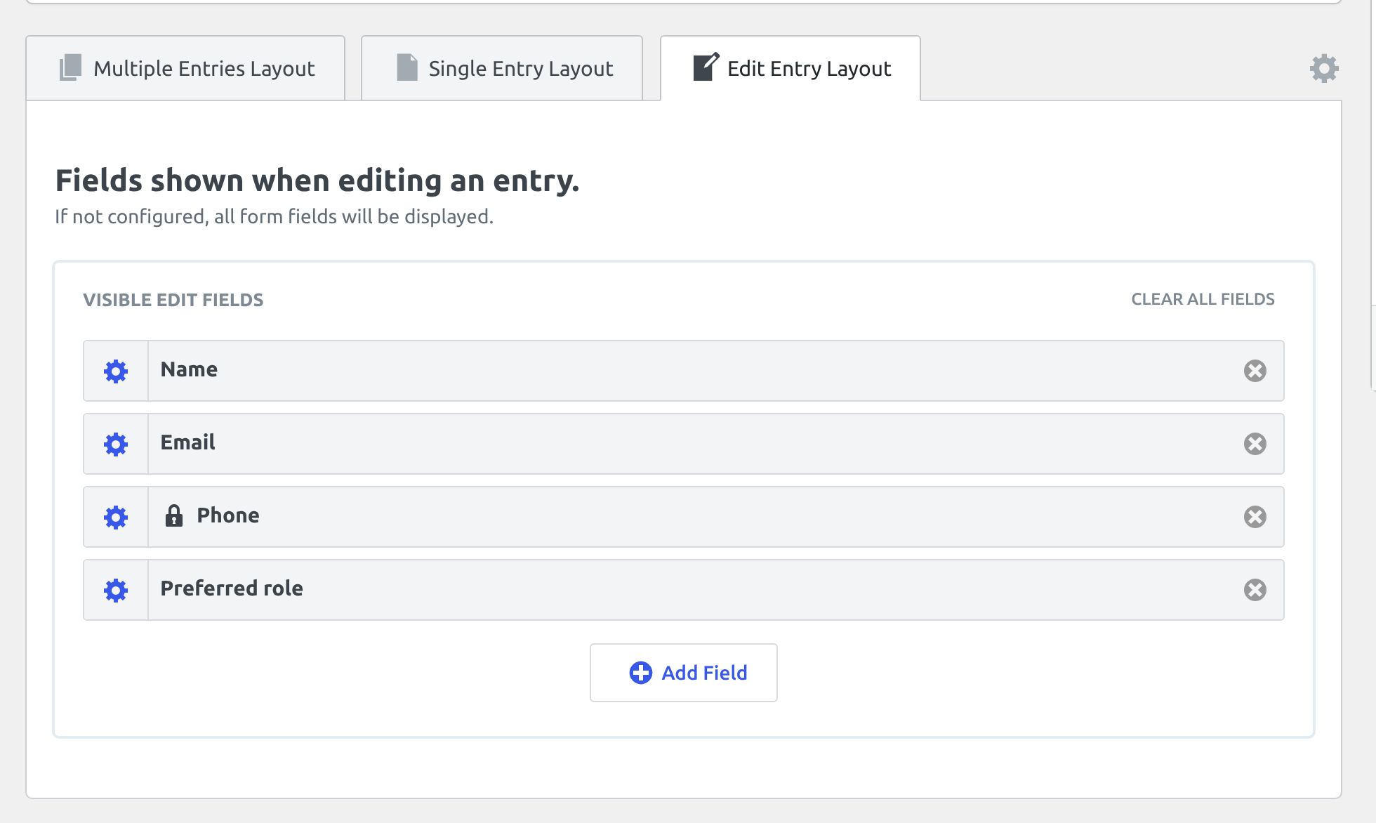 The Edit Entry Layout tab with Name, Email, Phone and Preferred role, and a lock icon on Phone