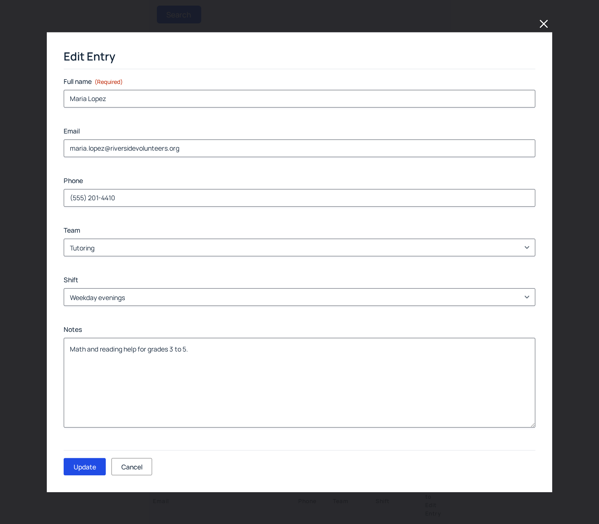 The Edit Entry form for a volunteer open in a lightbox, with Update and Cancel buttons