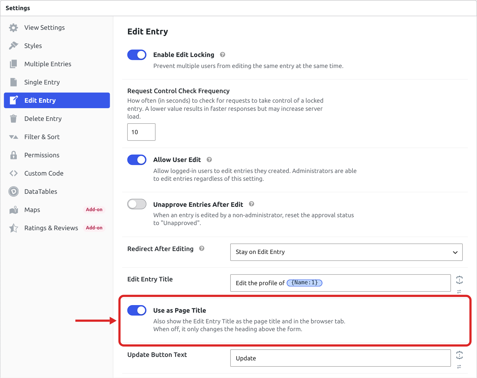 The Edit Entry tab of the View Settings box, with the Edit Entry Title field and the Use as Page Title setting outlined