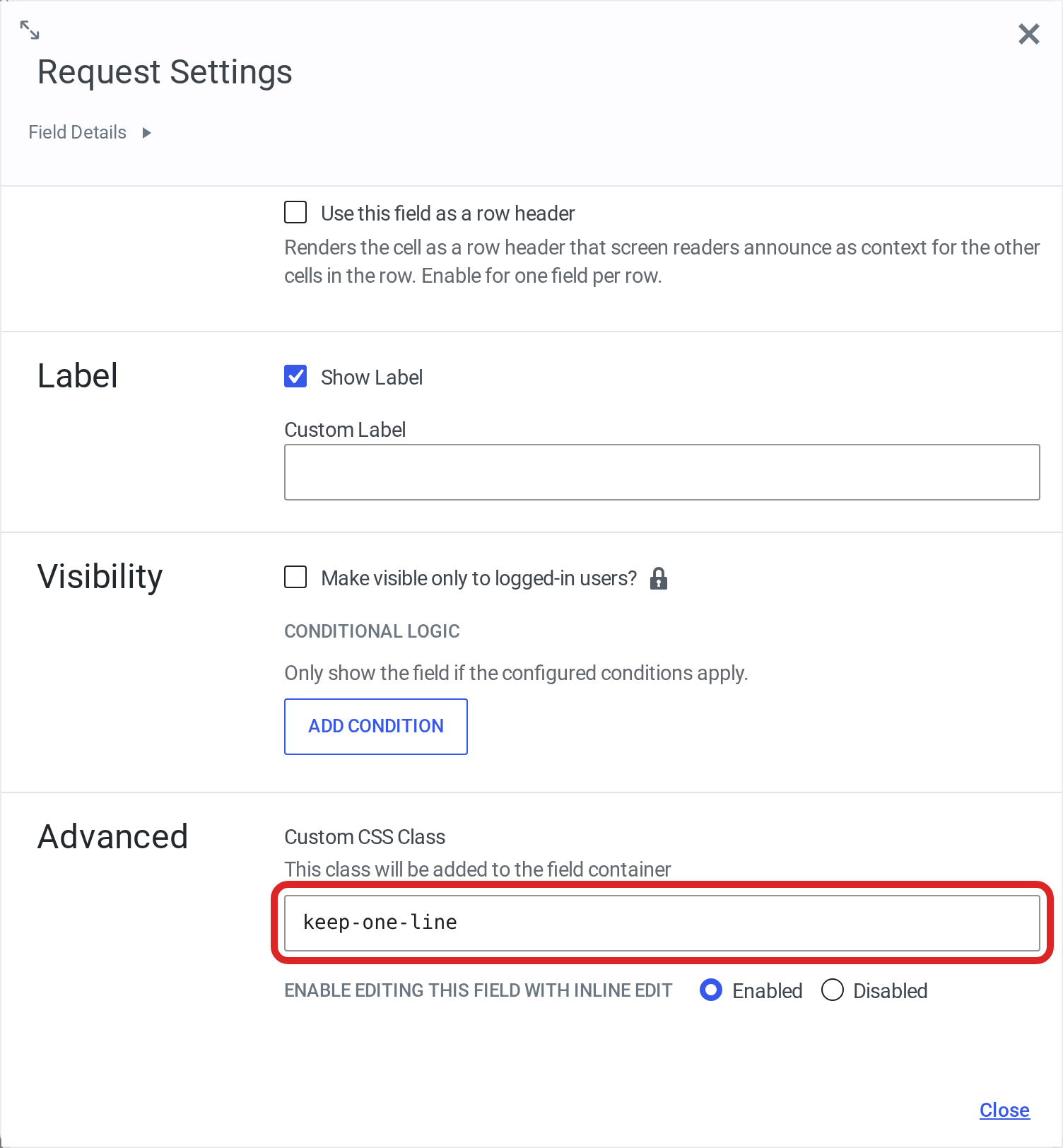 The Request Settings dialog in the View editor, scrolled to the Advanced section. The Custom CSS Class field holds keep-one-line and is outlined in red.