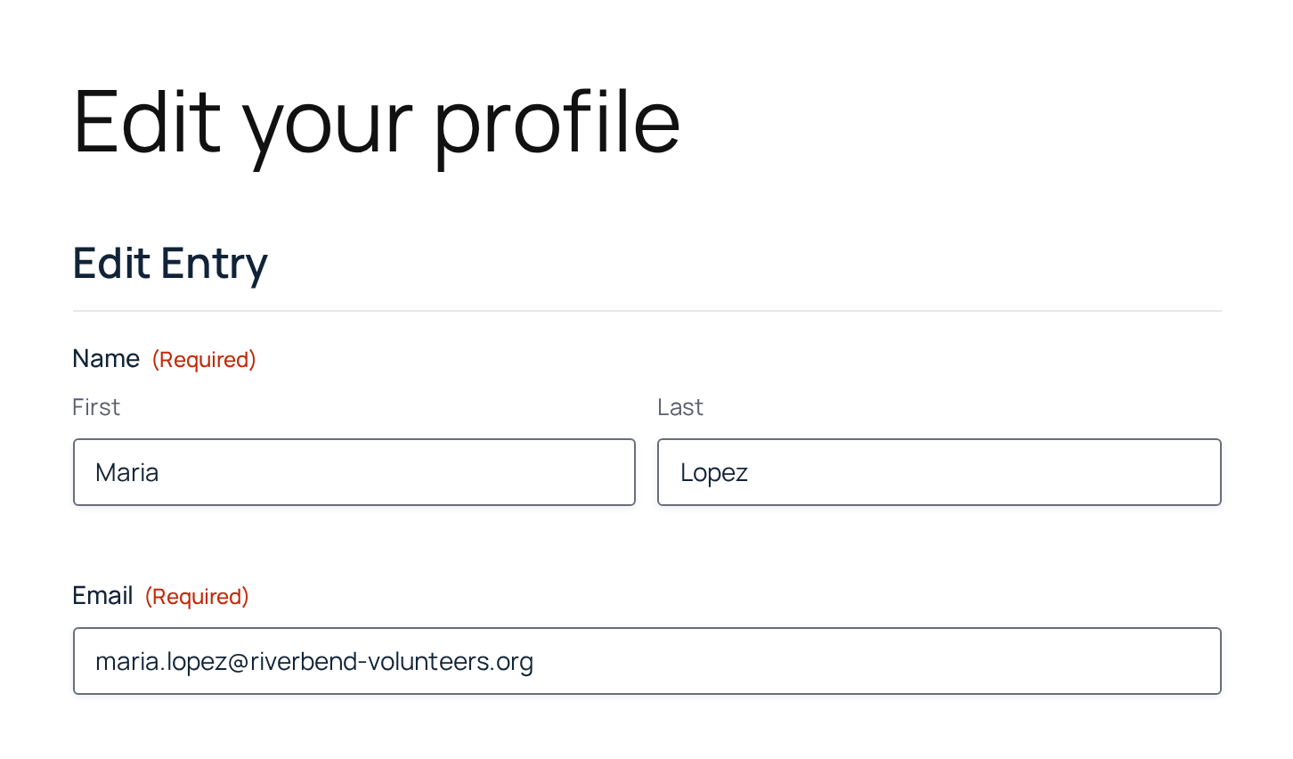 A page titled Edit your profile showing the signed-in user's Edit Entry form