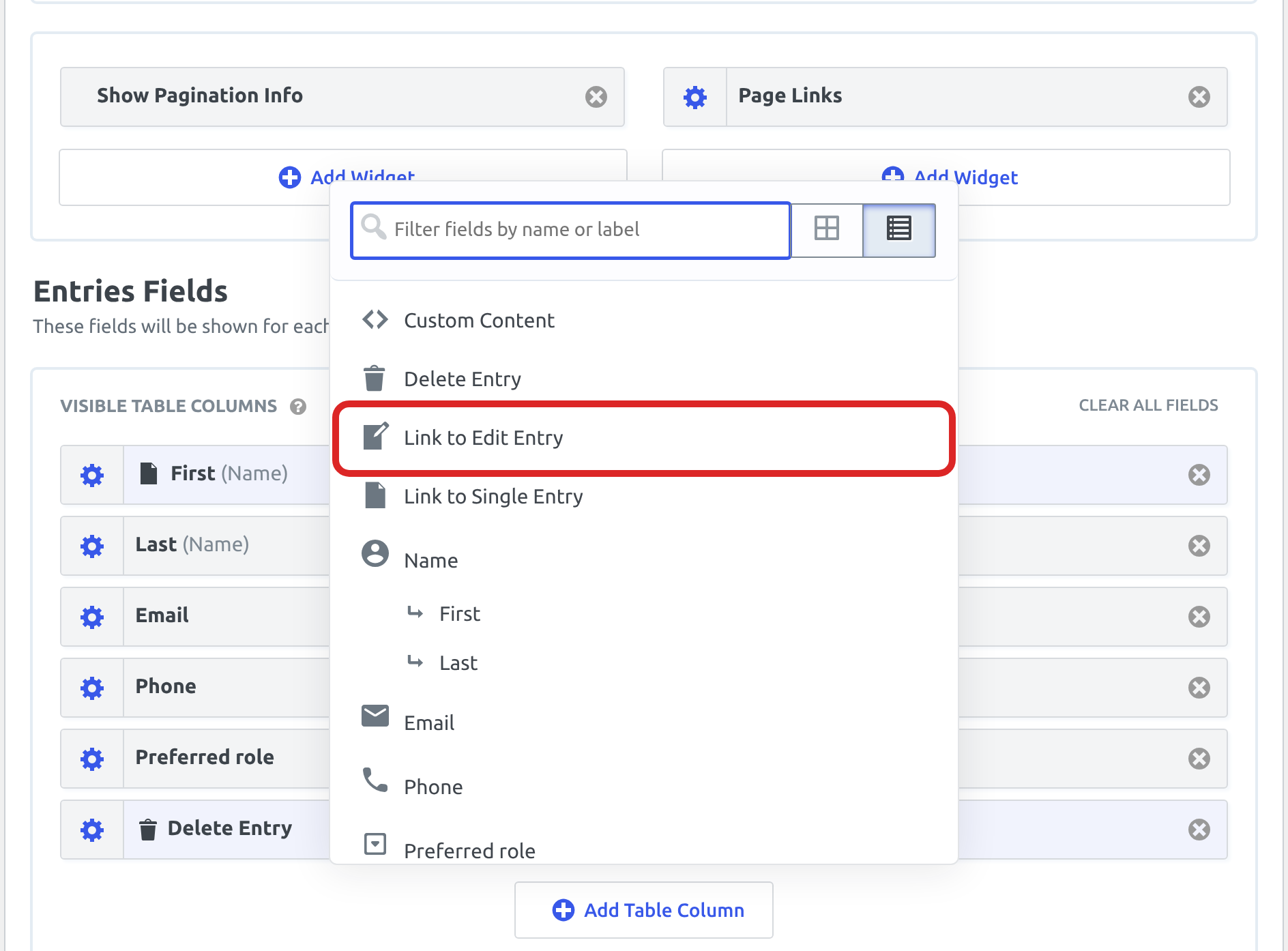 The field picker opened from Add Table Column, with Link to Edit Entry outlined