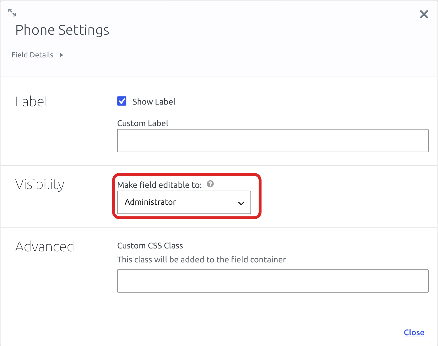 The Phone Settings dialog with Make field editable to set to Administrator