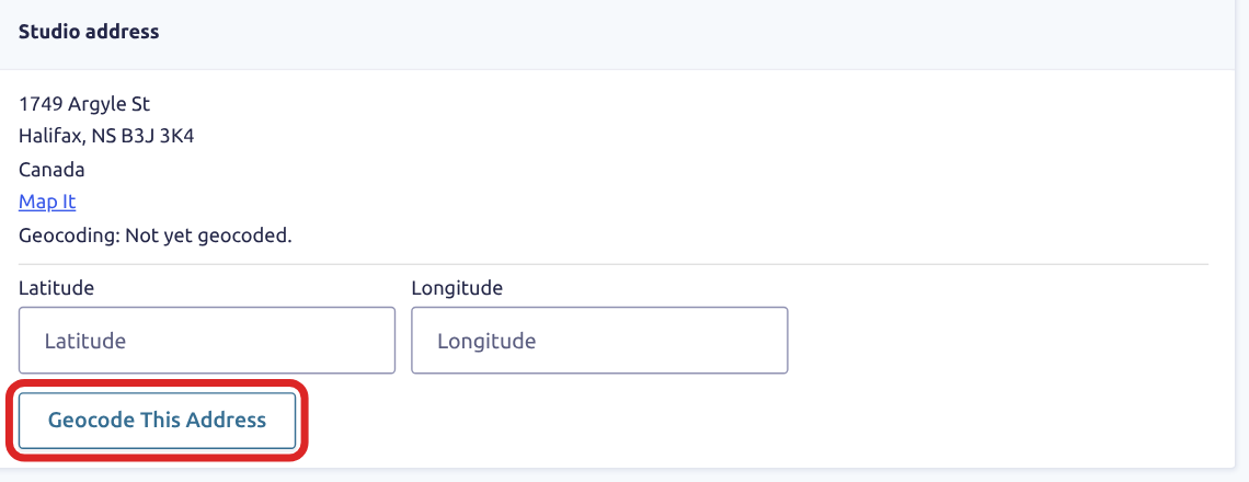 An entry's address on the Gravity Forms entry screen, showing Geocoding: Not yet geocoded, empty Latitude and Longitude boxes, and the Geocode This Address button outlined in red