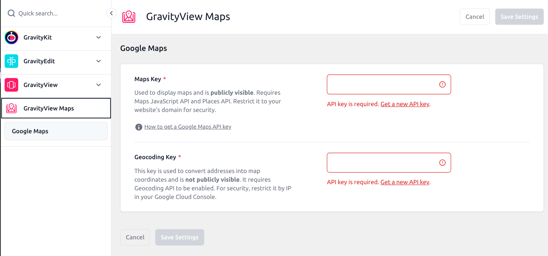 GravityView Maps settings in GravityKit Settings, with the Maps Key and Geocoding Key fields under Google Maps
