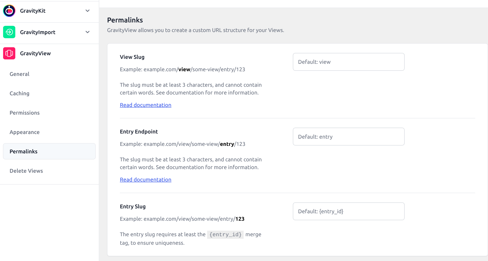 The Permalinks section of the GravityView settings, with the View Slug, Entry Endpoint and Entry Slug fields