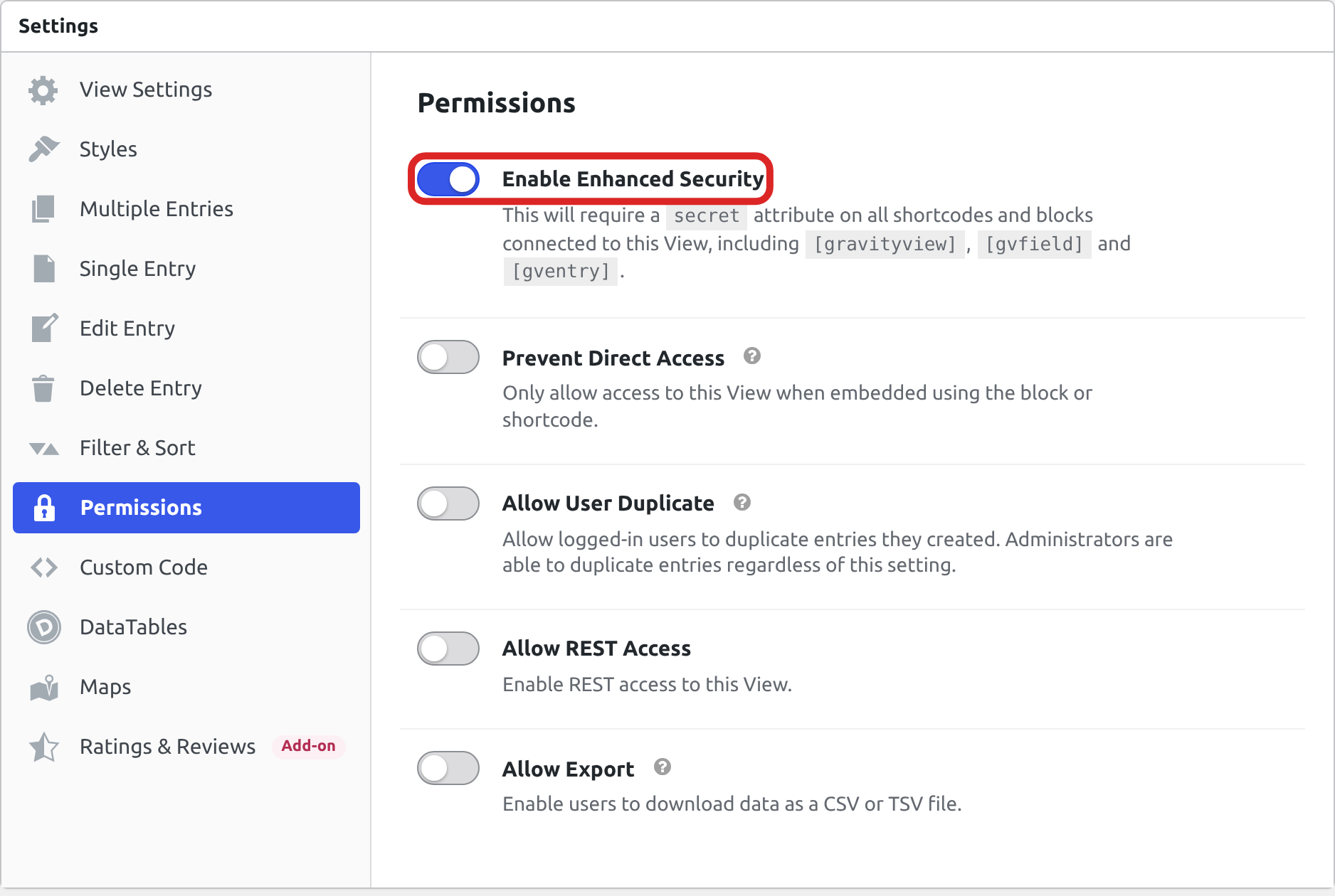 The Permissions tab of the View's Settings box, with the Enable Enhanced Security toggle turned on and outlined