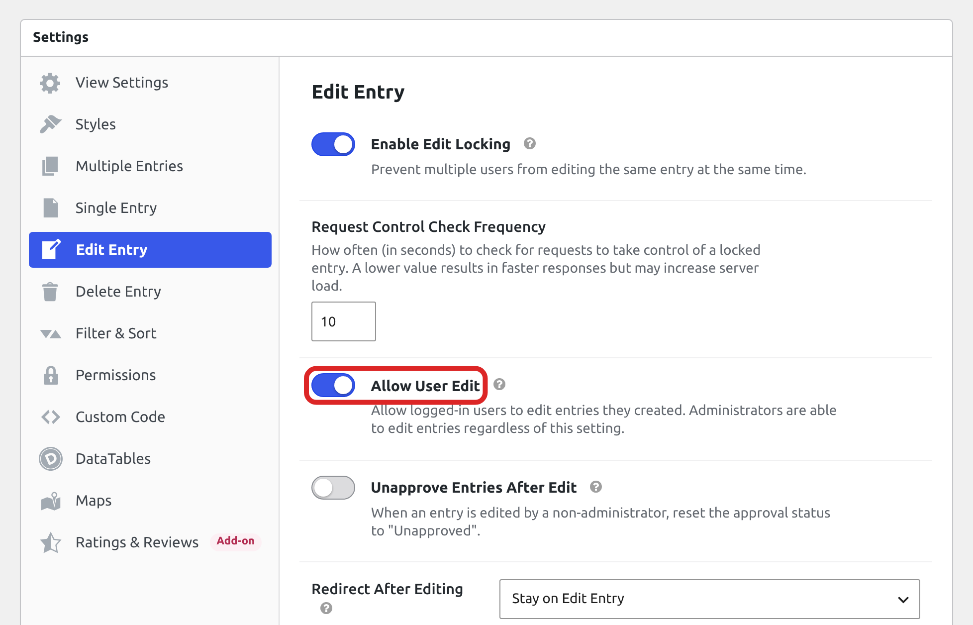 The Edit Entry tab of the View's Settings box with Allow User Edit turned on