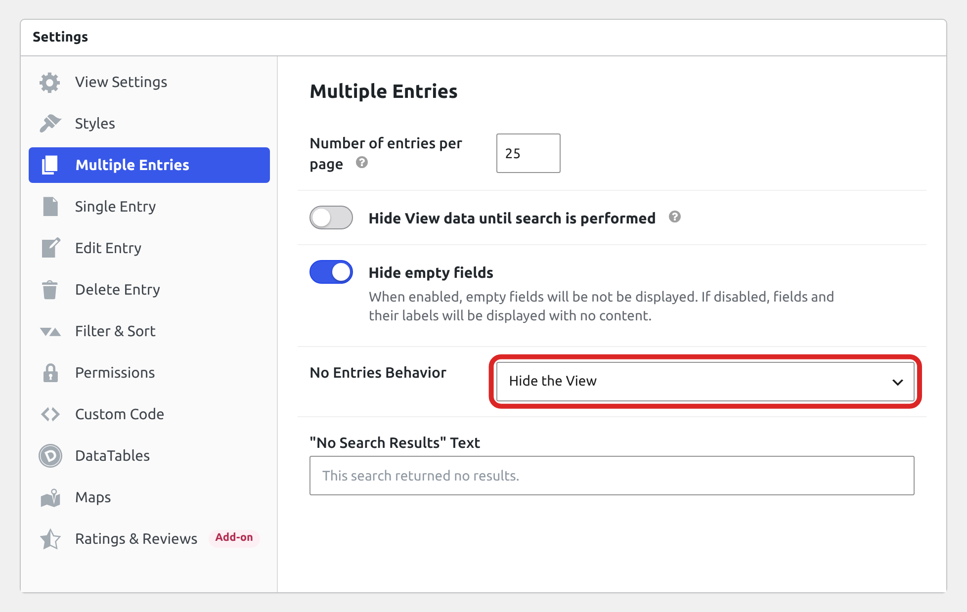 The Multiple Entries tab with No Entries Behavior set to Hide the View