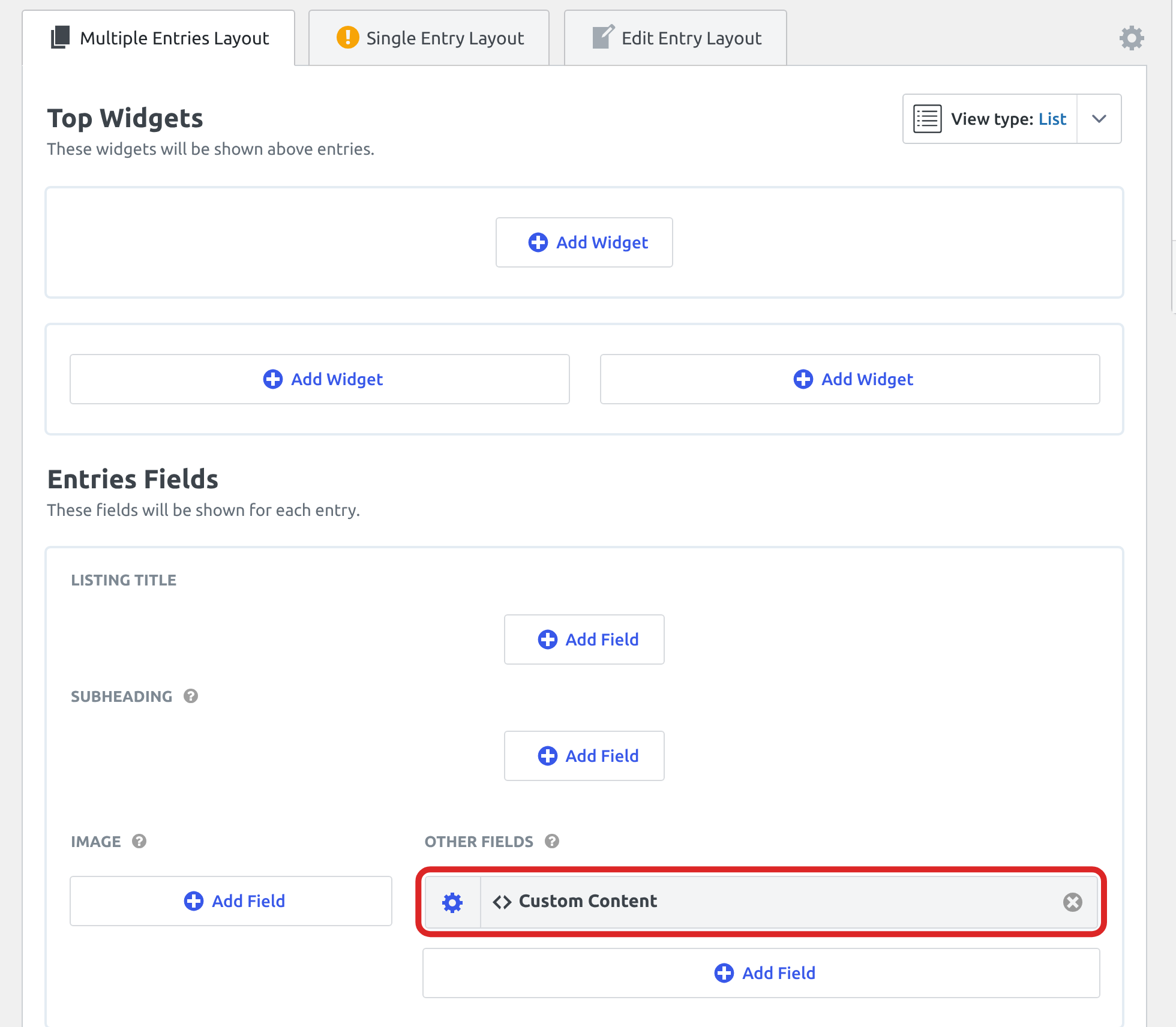 The Multiple Entries layout of a List View with no widgets and one Custom Content field under Other Fields