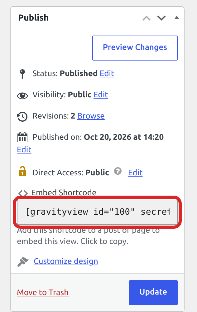 The Publish box in the View editor, with the Embed Shortcode field outlined