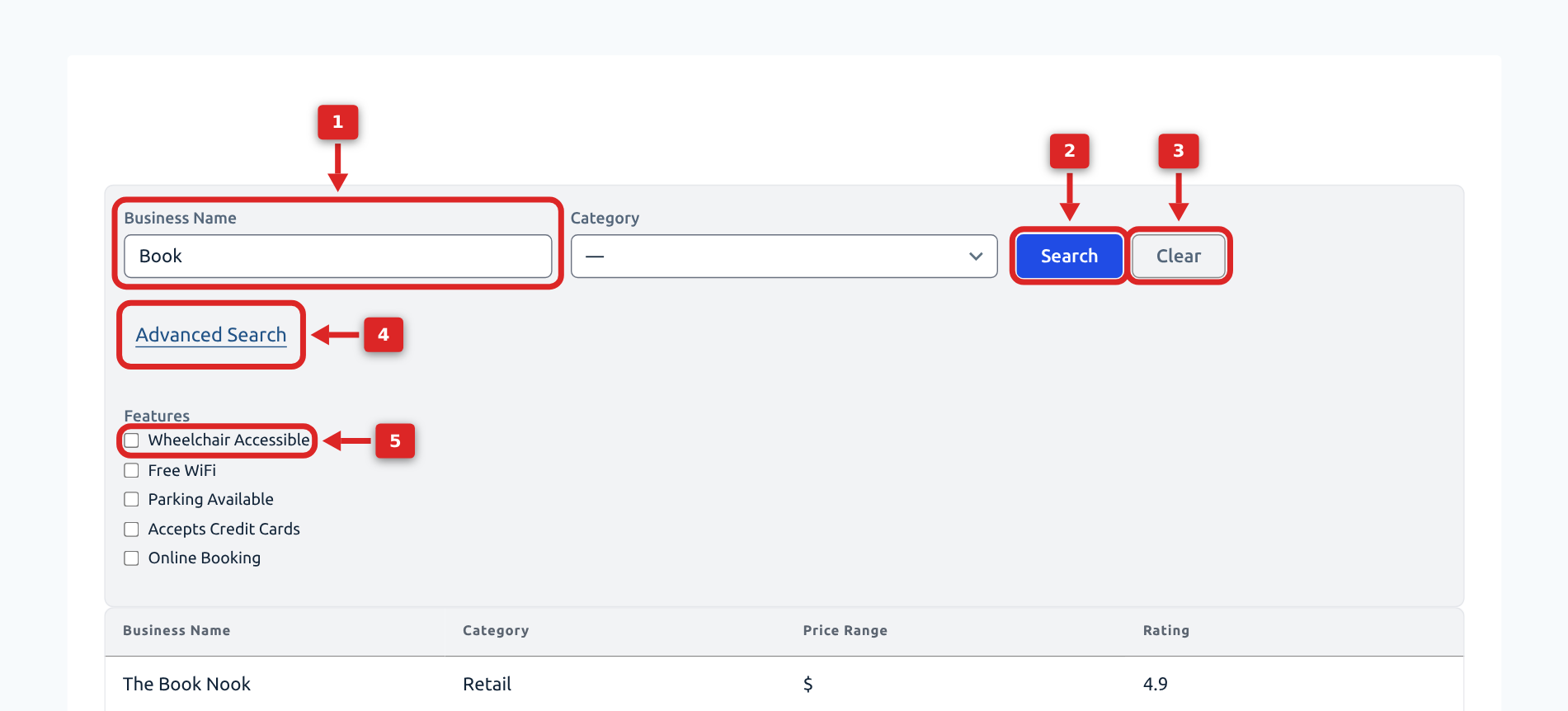 A GravityView search bar with five numbered markers: a text field, the Search button, the Clear link, the Advanced Search link and a checkbox choice