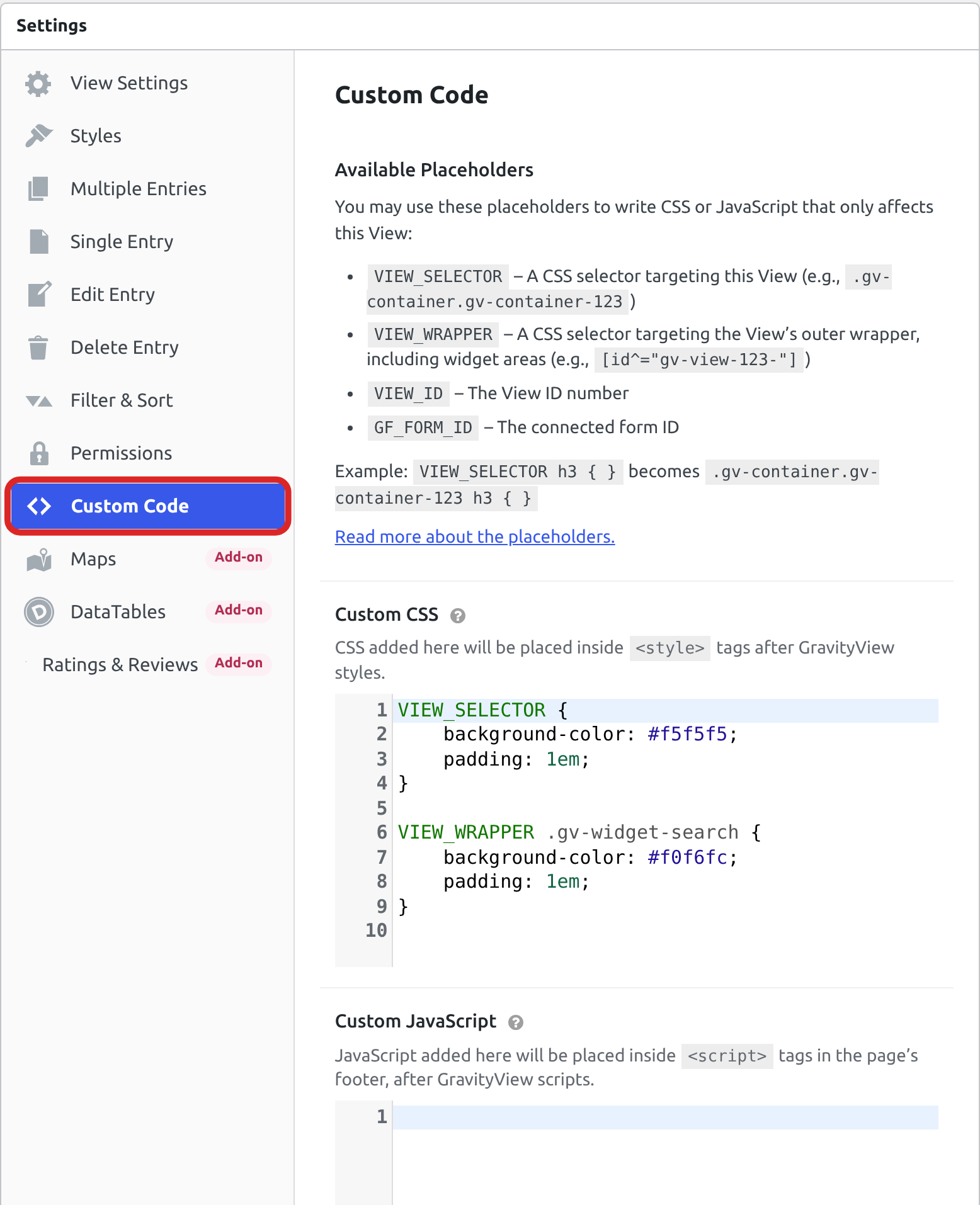 The Settings box of a View with the Custom Code tab selected and outlined in red. The tab lists the four placeholders above a Custom CSS field that holds two example rules.