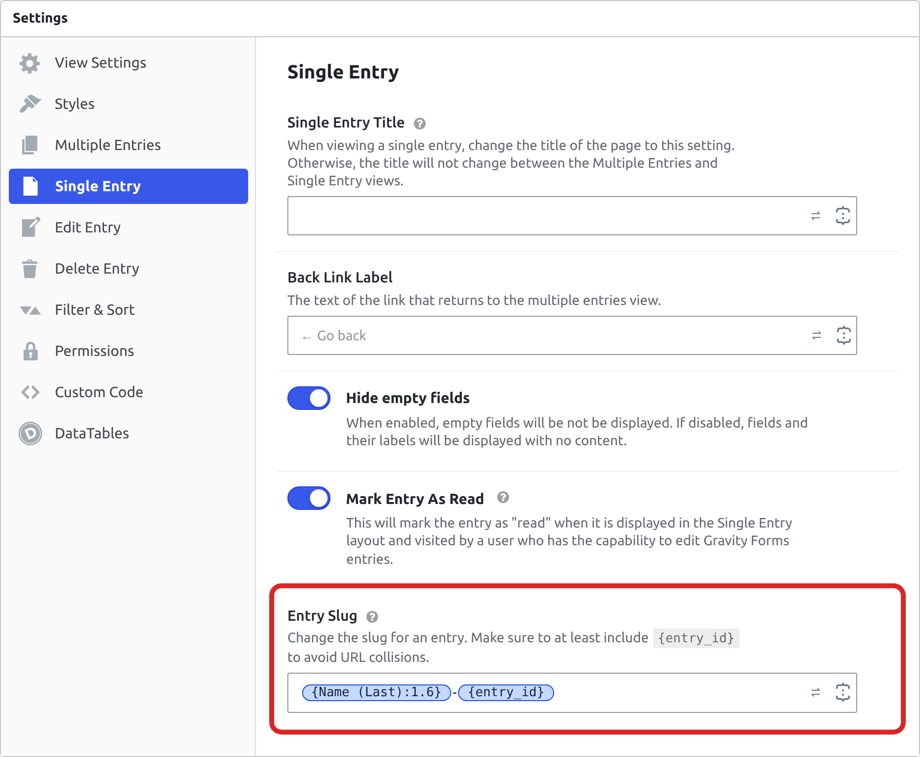 The Single Entry tab of a View’s Settings box, with the Entry Slug field outlined