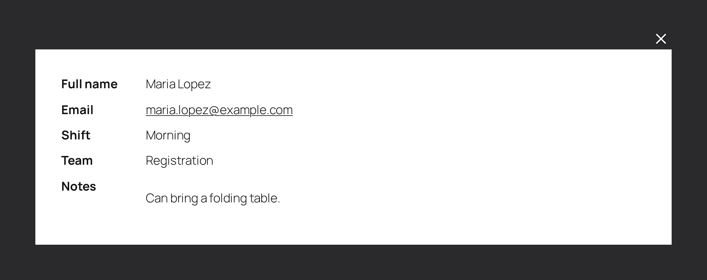 Details of one entry, with its Full name, Email, Shift, Team and Notes fields, open in a lightbox over the darkened page, with a close button at the top right