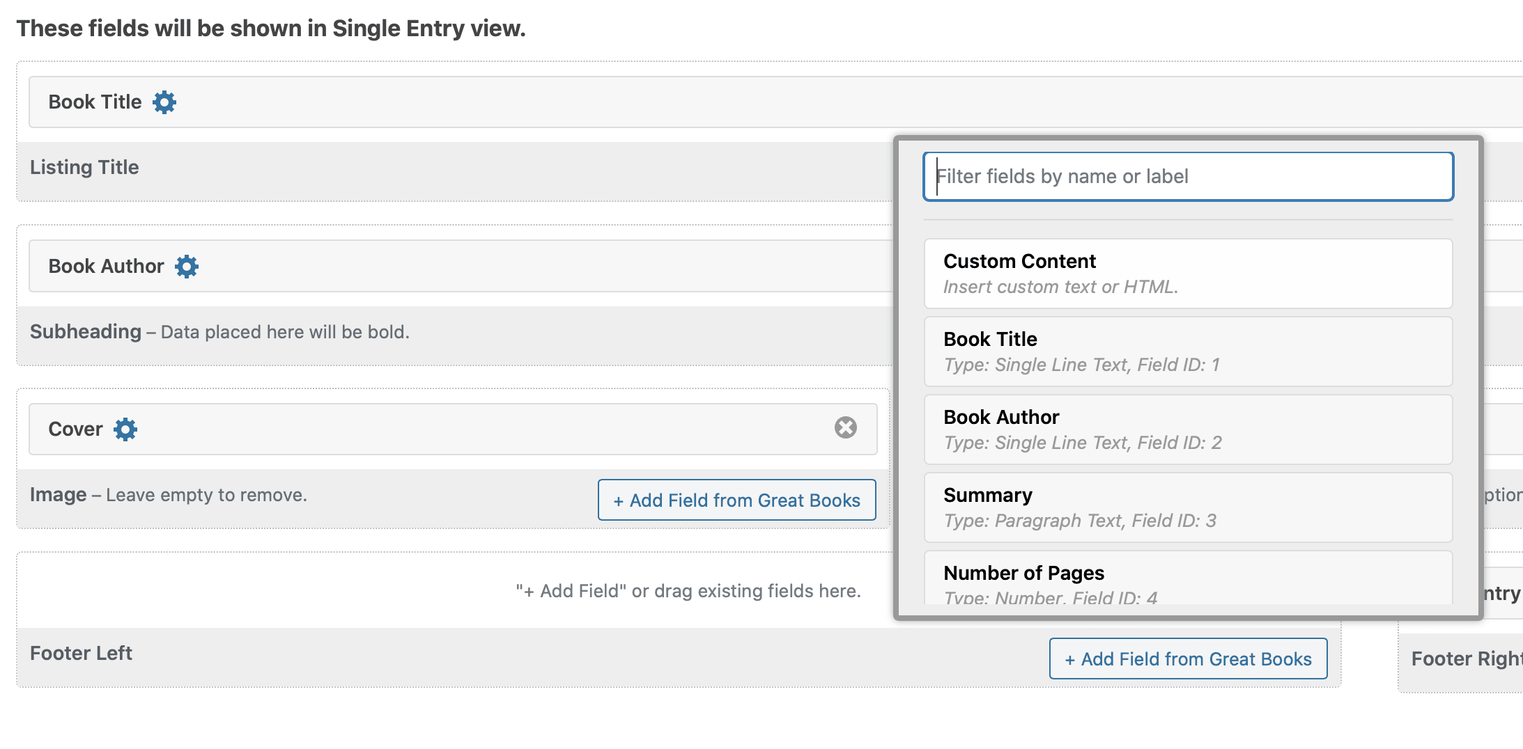 Screenshot of the Add Field picker in GravityView, with Custom Content highlighted