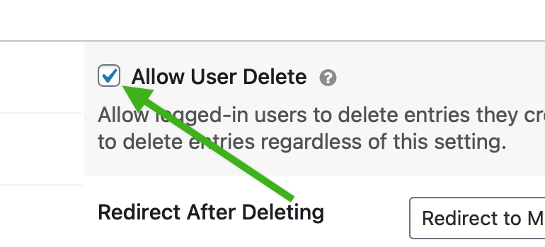 An arrow pointing to a checkbox labeled Allow User Delete