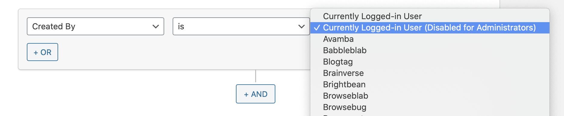 Dropdown of options for 'Created By' filter, with 'Currently Logged-in User (disabled for Admins)' selected.