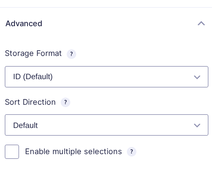 Advanced tab of a Lookup field with Storage Format set to ID (Default), Sort Direction set to Default, and the Enable multiple selections checkbox