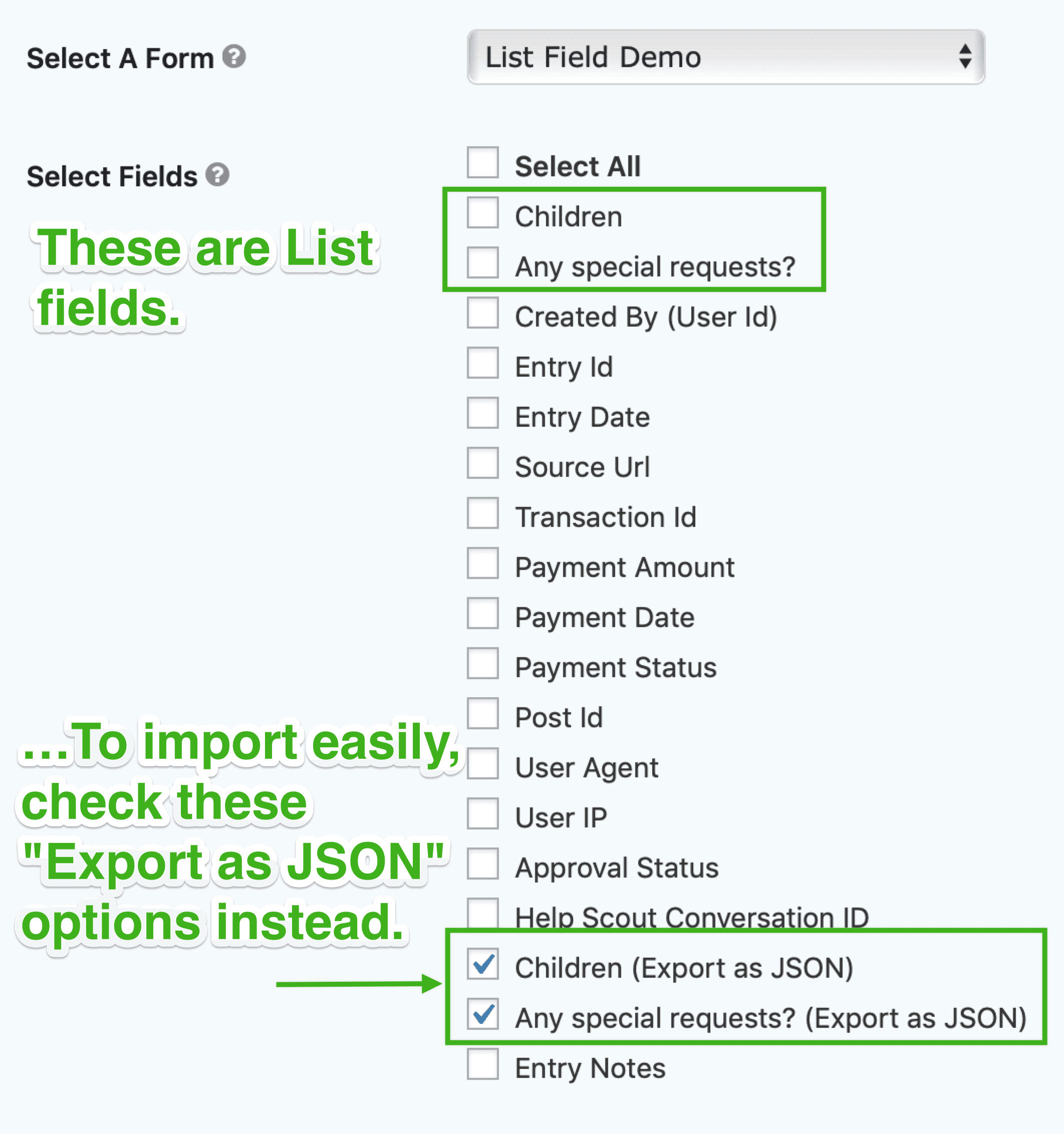 Screenshot showing the "Select Fields" section of the Export Entries screen in Gravity Forms.