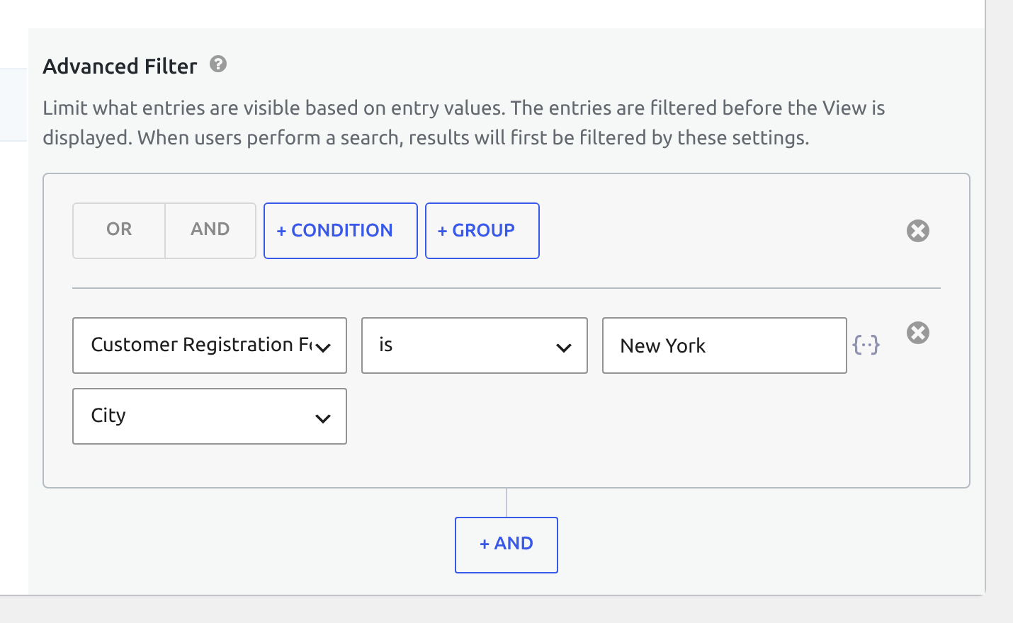 An Advanced Filter condition with the Customer Registration Form and its City field selected, set to is New York