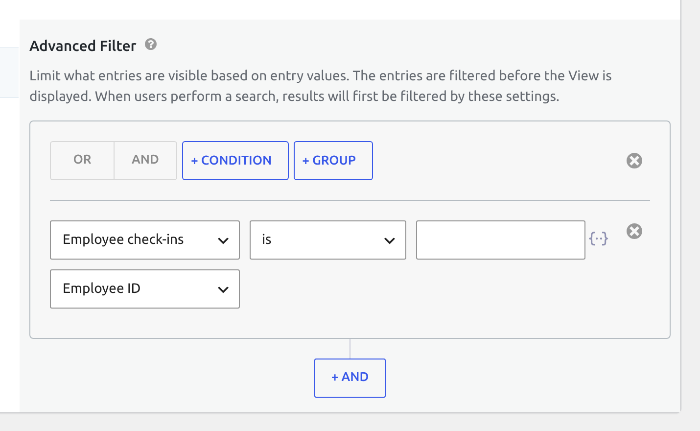 An Advanced Filter condition with the Employee check-ins form and its Employee ID field selected, set to is with an empty value