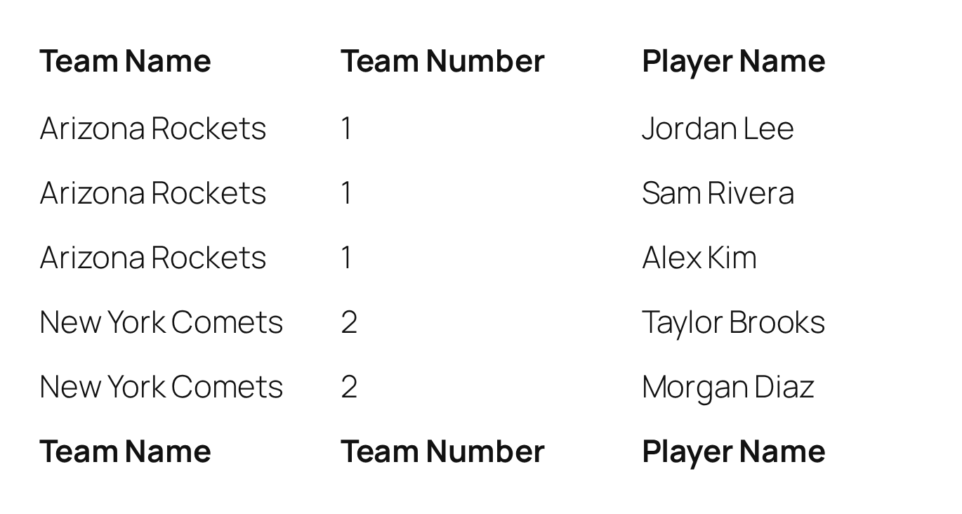 A table where Arizona Rockets appears on three rows and New York Comets on two, one row per player