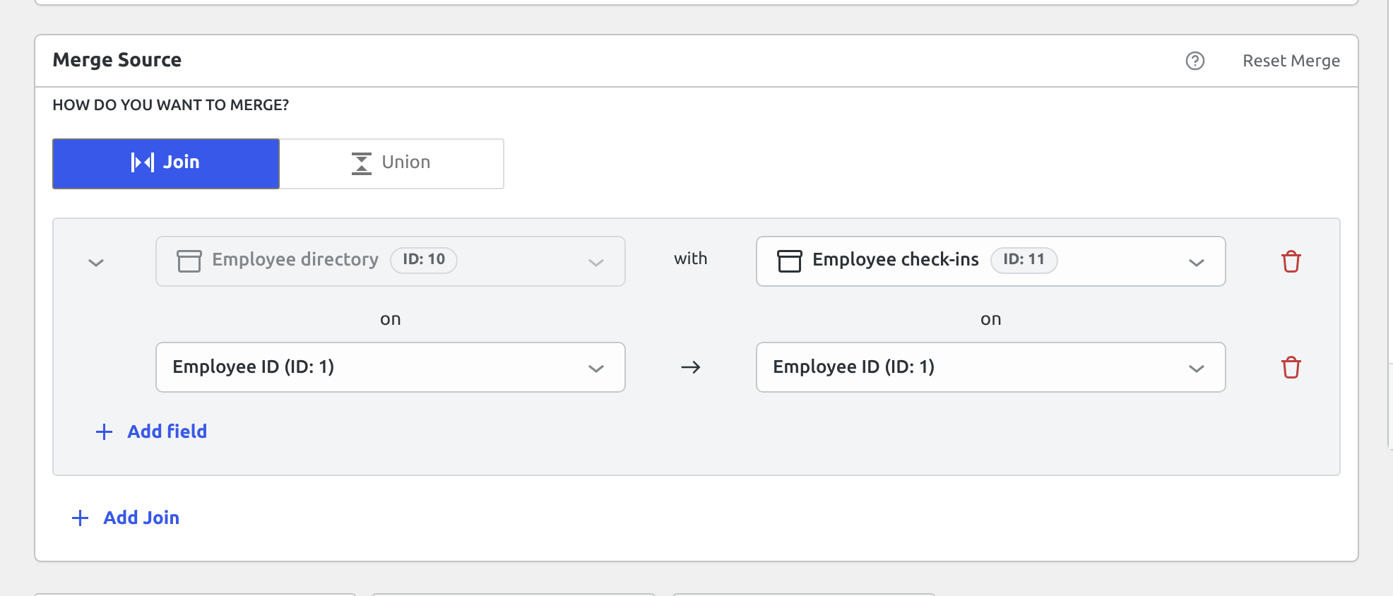 The Merge Source box with Employee directory joined to Employee check-ins on their Employee ID fields