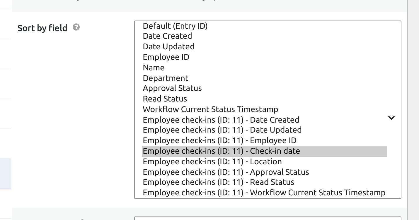 The Sort by field list showing the Employee directory fields followed by the Employee check-ins fields, with Check-in date selected