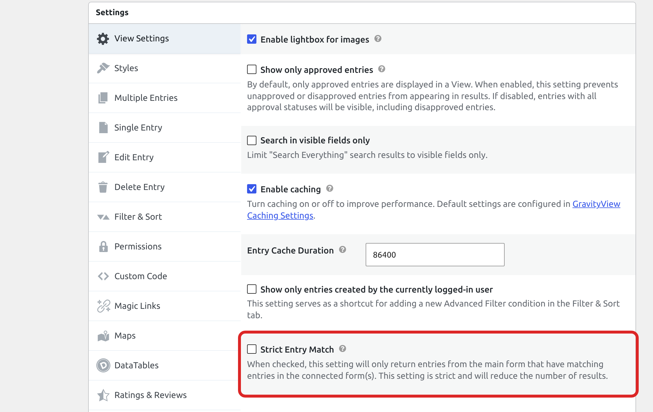 The View Settings tab with the Strict Entry Match setting outlined