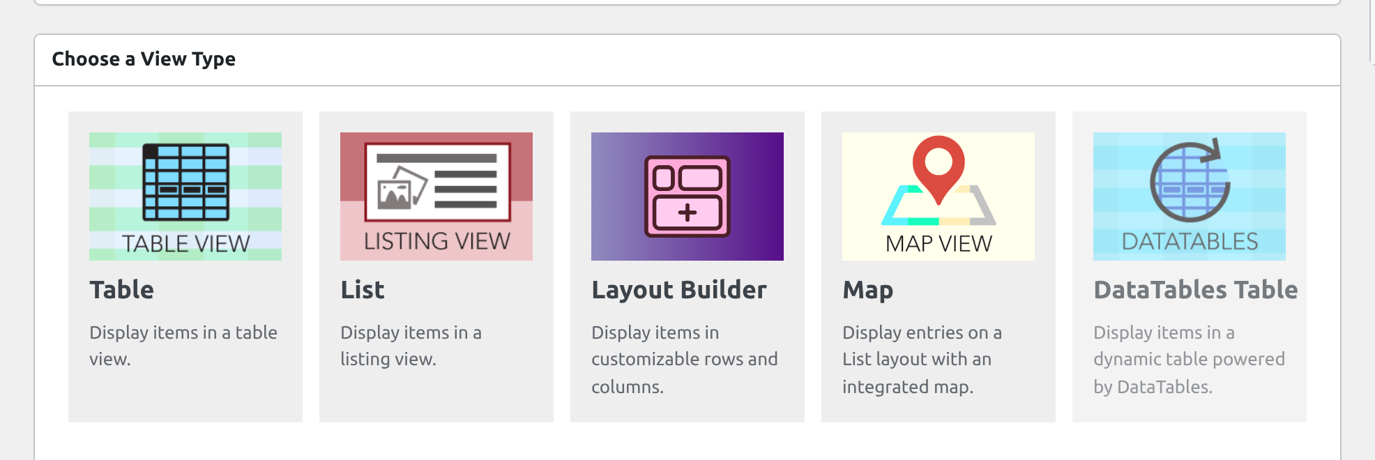 The Choose a View Type box with the Table, List, Layout Builder, Map and DataTables Table types