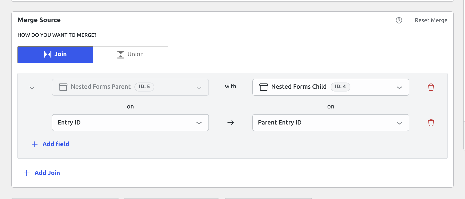 The Merge Source box with Nested Forms Parent joined to Nested Forms Child, matching Entry ID with Parent Entry ID