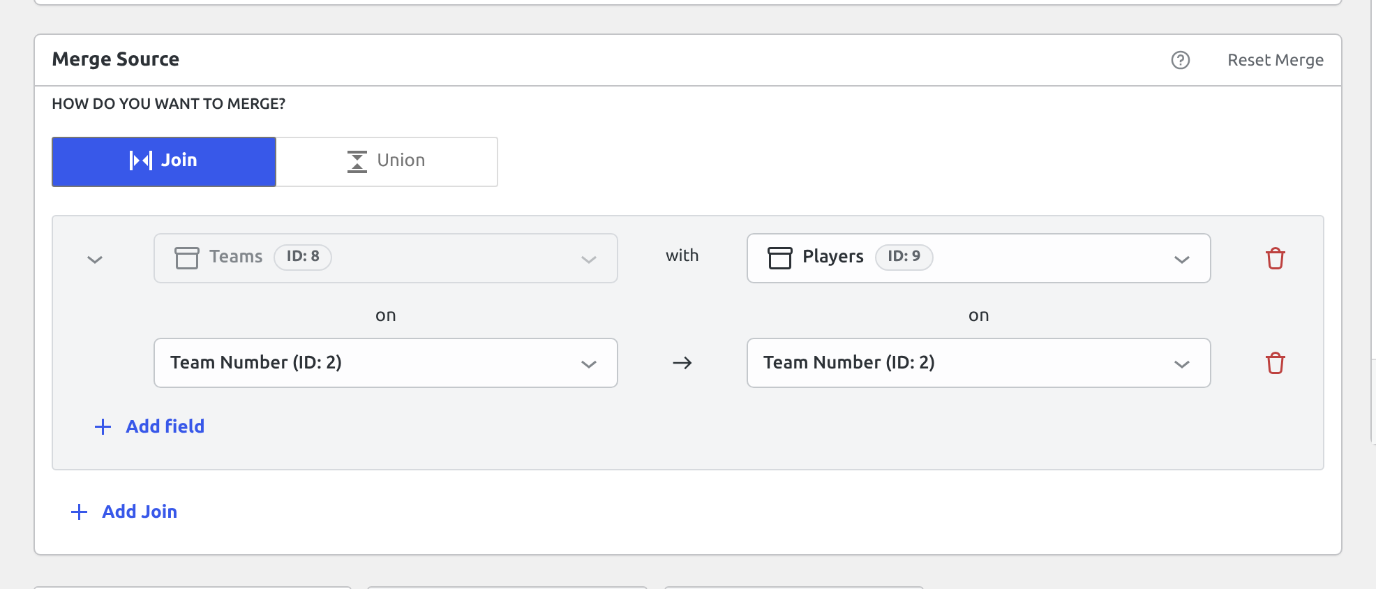 The Merge Source box with Teams joined to Players on their Team Number fields