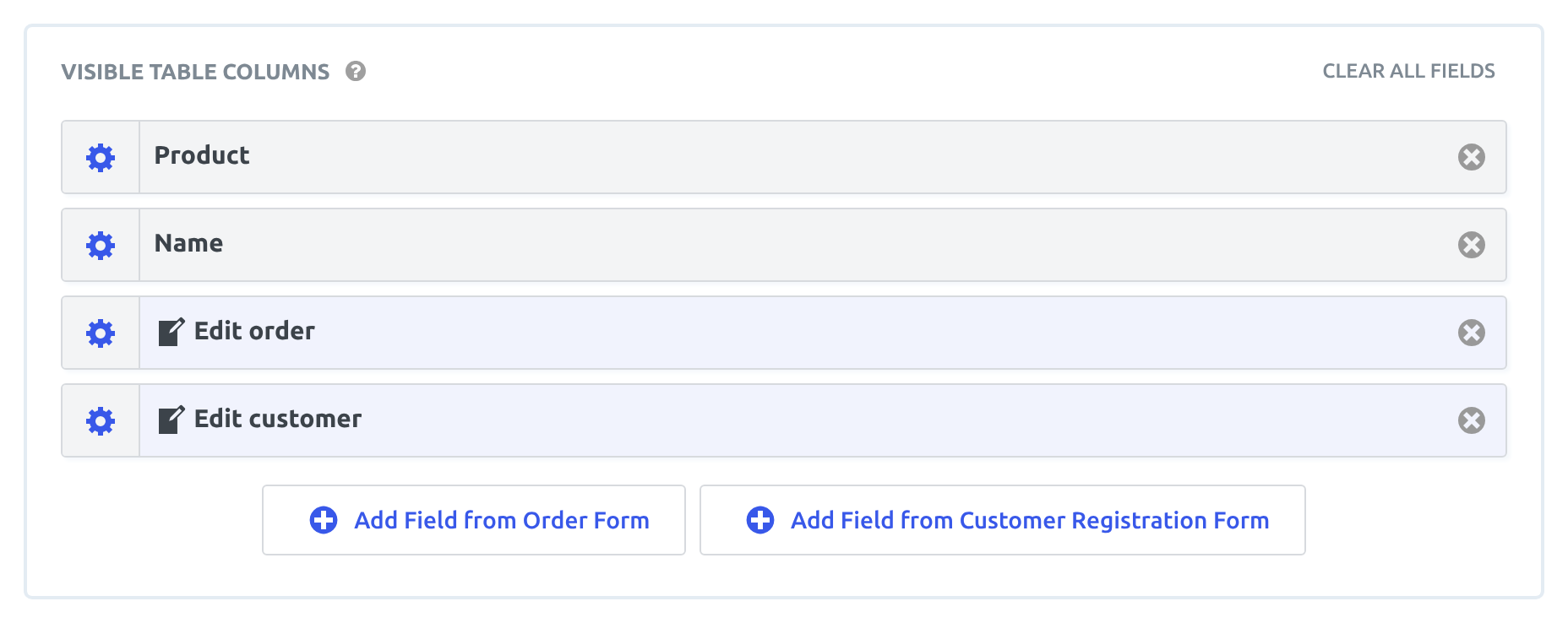 The table columns of a joined View with two Link to Edit Entry fields, labeled Edit order and Edit customer, one added from each form