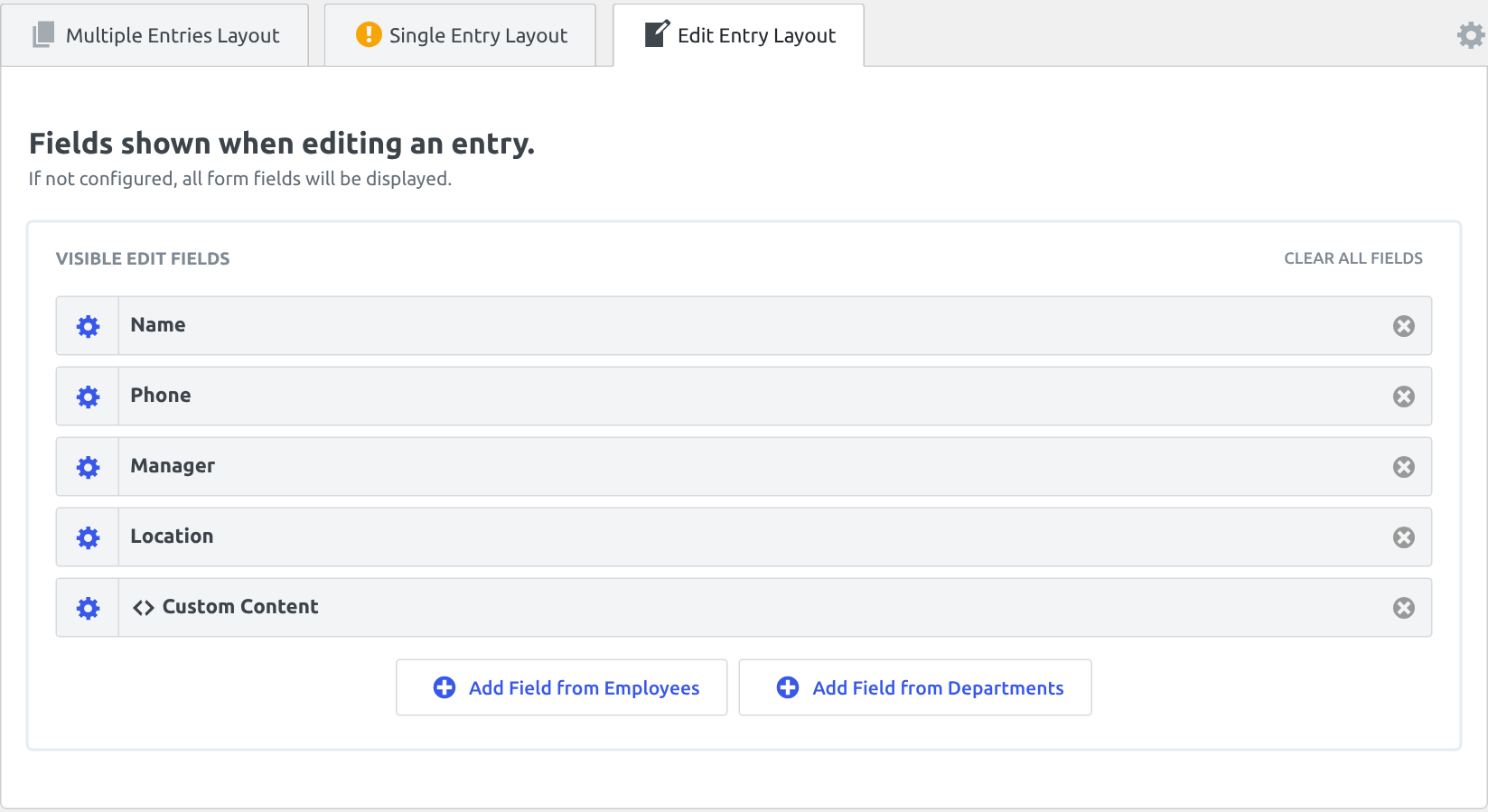 The Edit Entry Layout tab of a joined View holding Name and Phone from the Employees form, Manager and Location from the Departments form and a Custom Content field, with an Add Field from button for each form