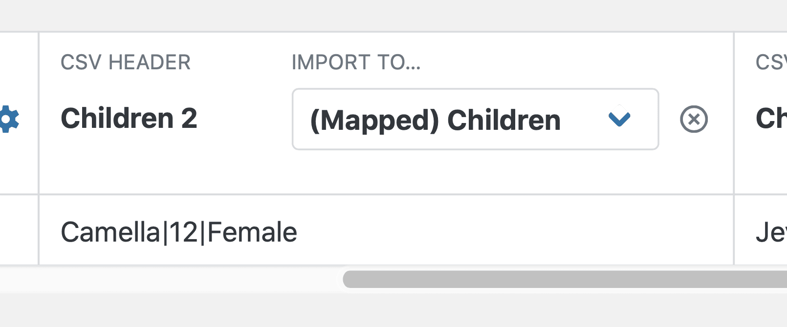 CSV column "Children 2" mapped to form field "(Mapped) Children". Data: Camella, 12, Female