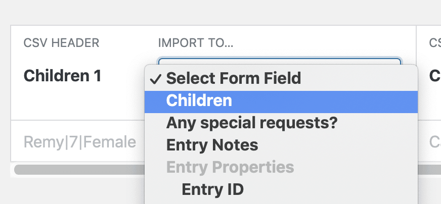 Dropdown menu showing form fields for importing CSV header "Children 1" into a form