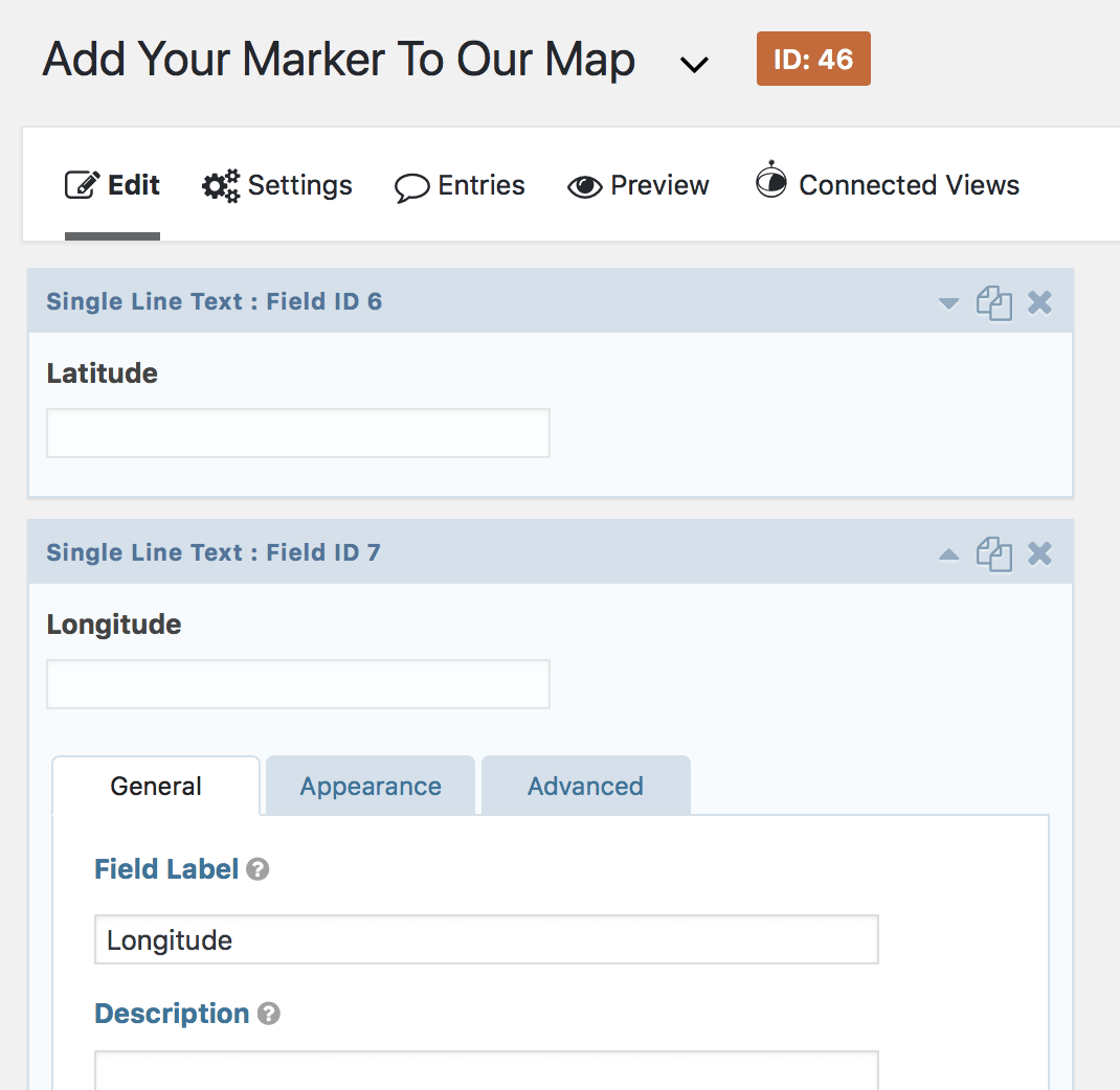 A form, with three Gravity Forms text fields. One labelled Latitude, one Longitude, and the final labelled Map Icon.