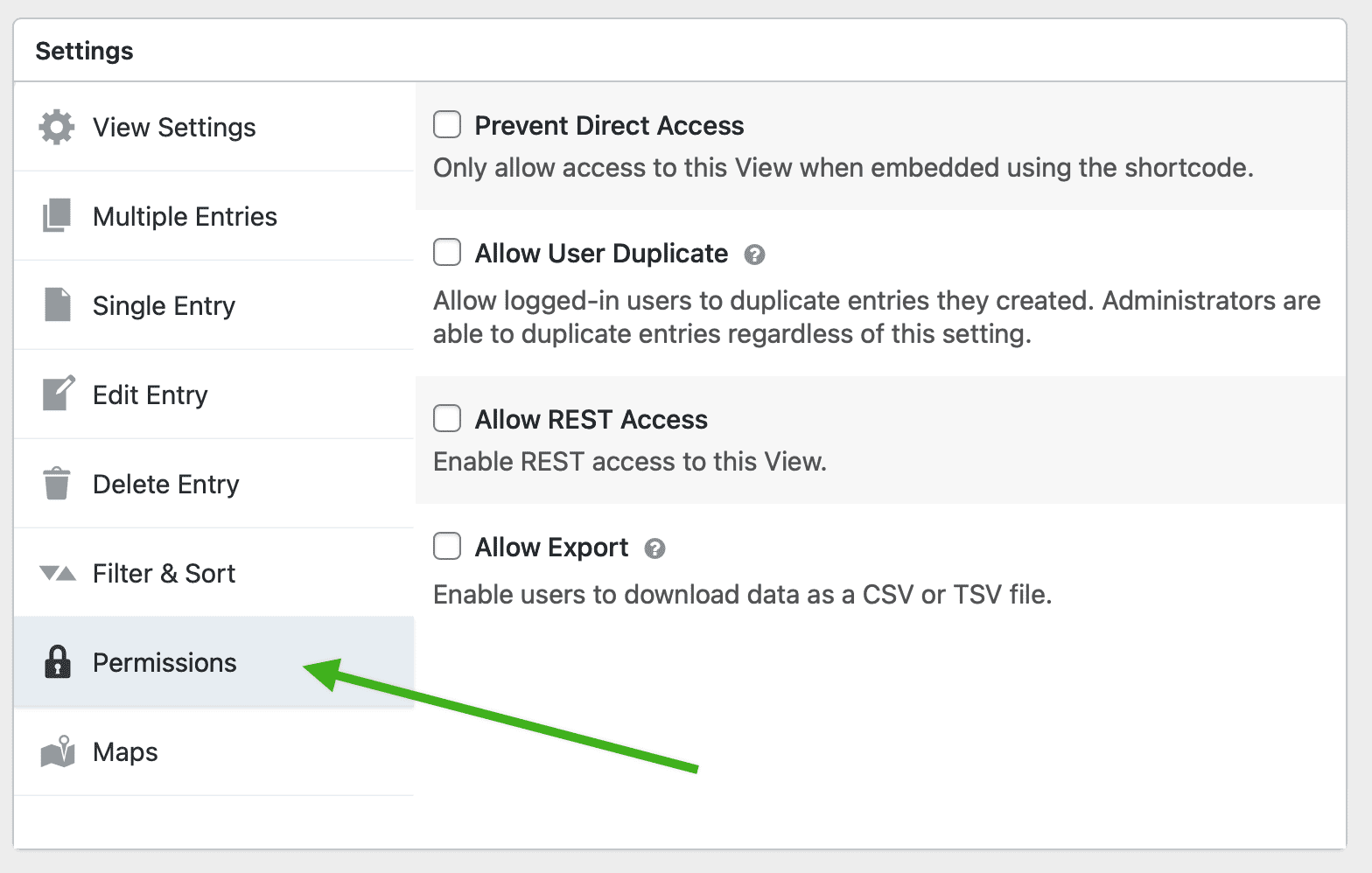 Gravity Forms permissions settings with options for user duplication, REST access, and data export