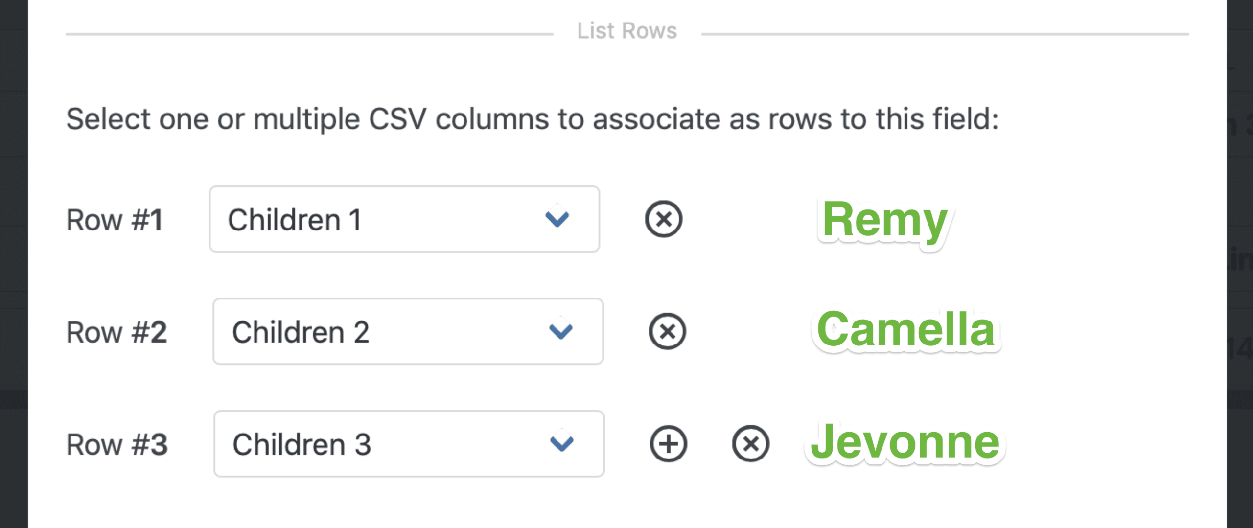 Select CSV columns to map into form rows; options for Rows 1-3 include "Children" labels