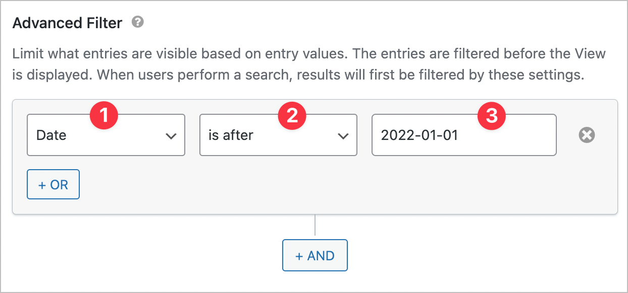 An advanced filtering condition to only display entries that were created after the first of January, 2022