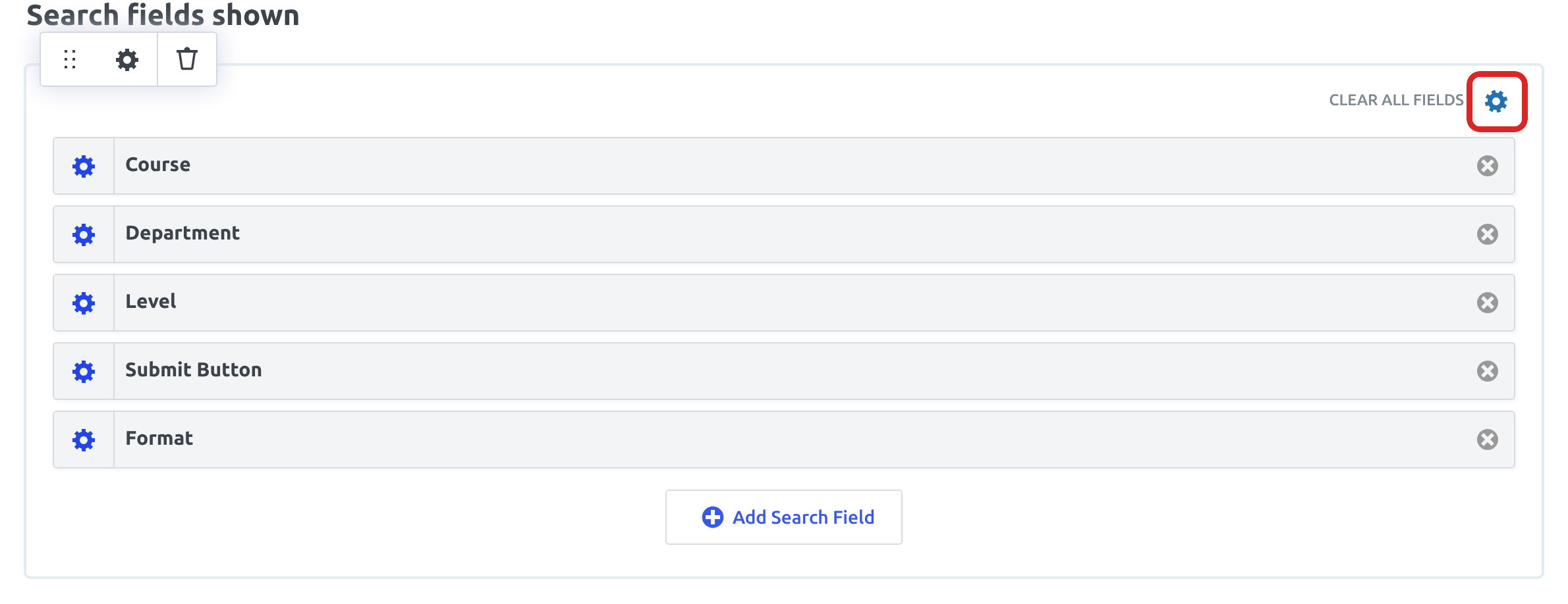 A Search Bar row in Search Bar Settings on hover, with the row toolbar at the top left and the Clear all fields link and the column's gear icon at the top right, the gear outlined