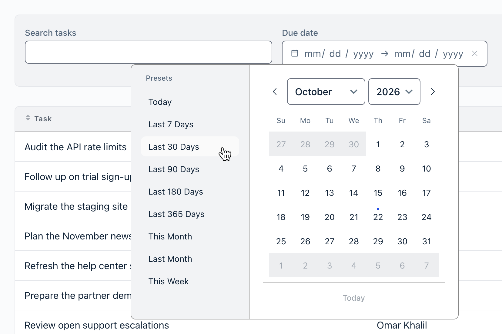 A combined date range picker open on the Due date search field, with a Presets list (Today, Last 7 Days, Last 30 Days and more) next to the calendar