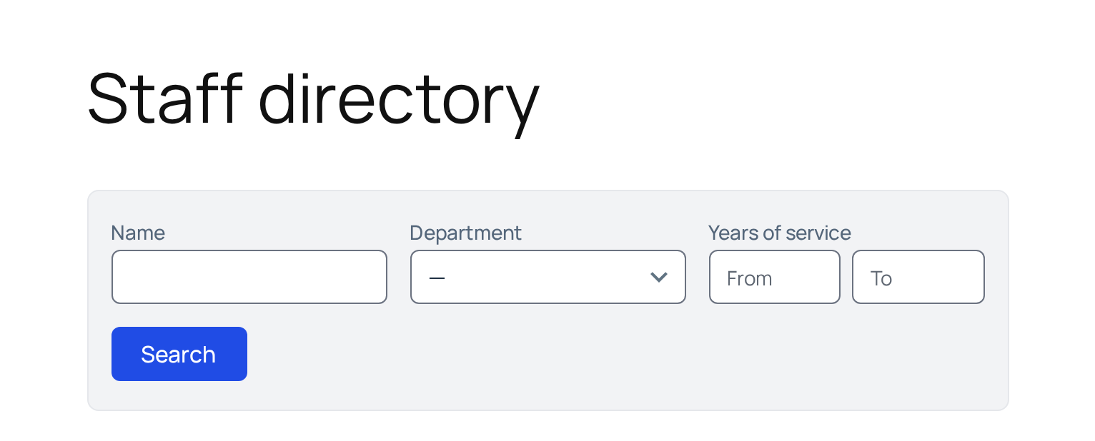A Staff directory page whose Search Bar, set to 3 Columns, shows Name, Department and Years of service on one line and the Search button on the next