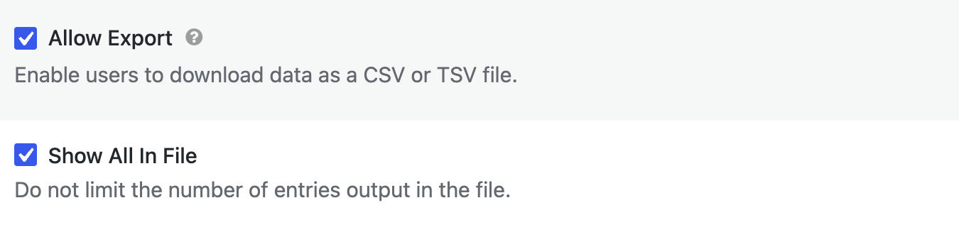 GravityView View Settings Permissions tab with the Allow Export and Show All In File options enabled