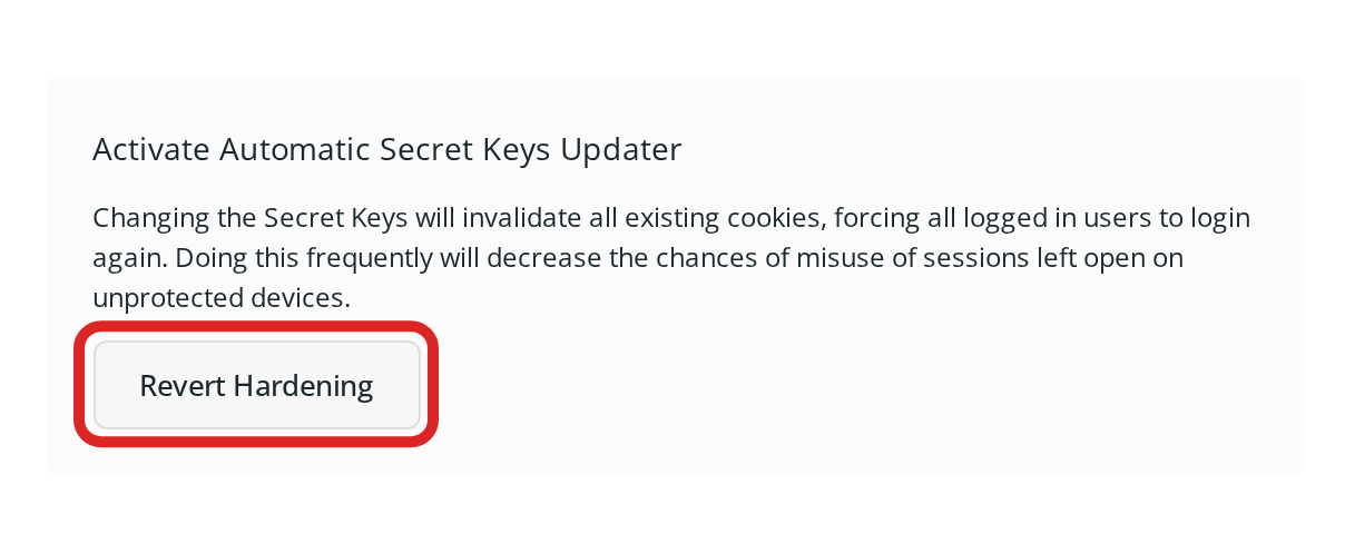 Sucuri Security Hardening & Prevention page: the Activate Automatic Secret Keys Updater option with its Revert Hardening button outlined