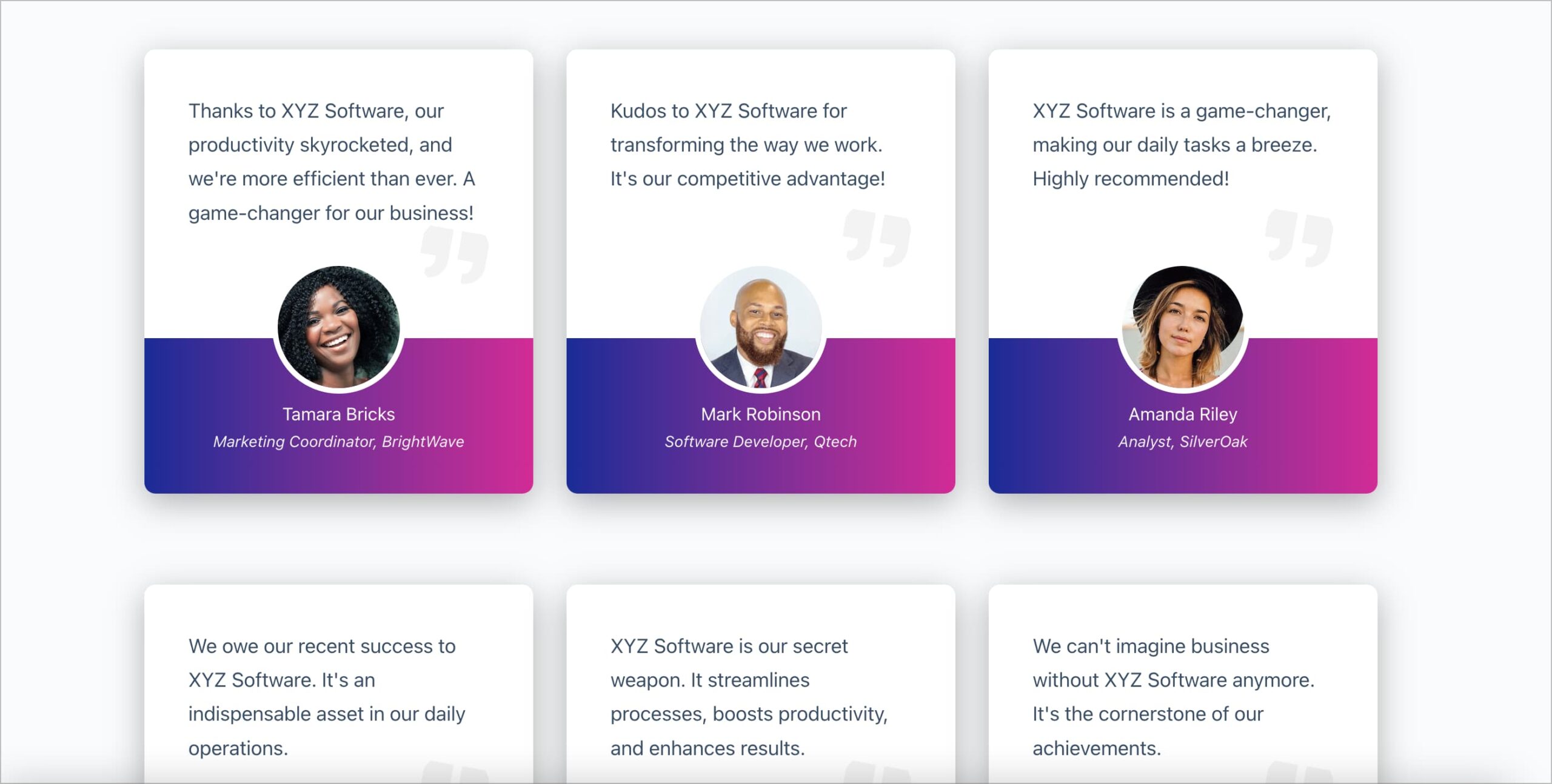 Customer testimonials praising XYZ Software's impact on productivity and efficiency